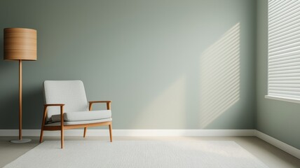 Fototapeta premium A cozy, minimalist living room features a light chair, a unique lamp, and soft natural light creating a serene atmosphere.