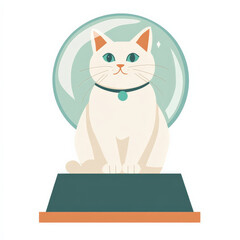 Cat fortune teller with crystal ball, modern flat design, whimsical and charming illustration featuring white cat sitting confidently on pedestal