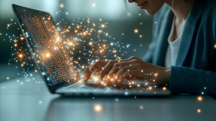 3D Soft Glow Abstract Code Concept Scene Bokeh Overlay Business Professional Reviewing Cloud-Based Code Laptop Gentle Zoom Glowing Lines Code 3D Icon Isolated White Background