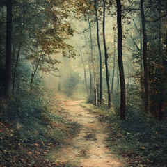 Fototapeta premium Enchanting forest path in morning mist, watercolor with faded greens and browns, tranquil feel,Generative AI 