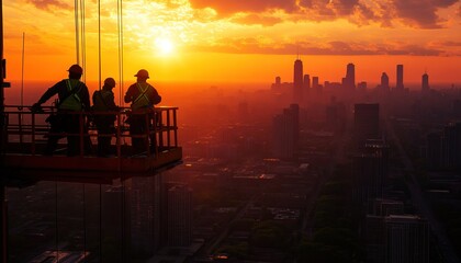 Fototapeta premium Construction workers overlook a stunning sunset skyline, capturing a moment of hard work and beauty in a bustling urban environment.
