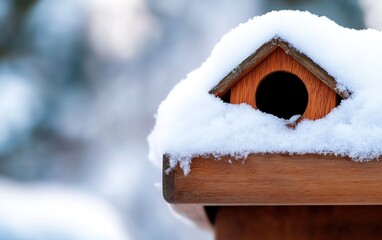 A quaint birdhouse topped with fresh snow, set against a softly blurred winter background.
