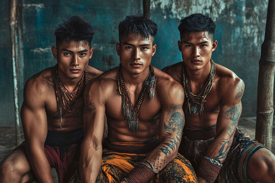 Portrait of three naga tribesmen.