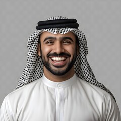 A cheerful man in traditional Middle Eastern attire smiles broadly, conveying warmth and friendliness with neutral background 