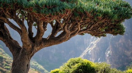 Close-up of the iconic Dragon's Blood Tree on Socotra Island, highlighting its distinctive umbrella shape and vibrant red sap. No people included.