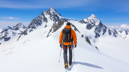 A solo hiker in an orange jacket trekking across a snow-covered mountain landscape, surrounded by majestic peaks under a clear blue sky.