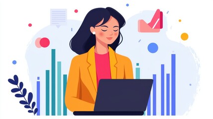 A professional woman using a laptop, surrounded by colorful charts and documents, symbolizing work, productivity, and data analysis.