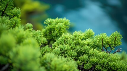Close-up of the lush greenery surrounding Moraine Lake, capturing the vibrant flora that thrives in this picturesque environment. No people included.