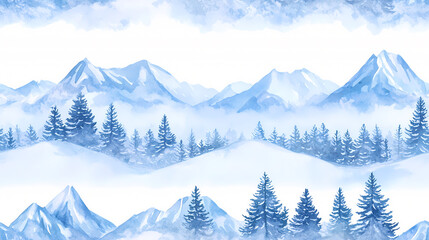 Fototapeta premium Watercolor painting of a snowy mountain range with pine trees