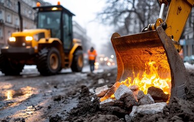 Fototapeta premium A construction site features a yellow bulldozer lifting debris, with flames igniting from the ground, amidst a winter setting and a blurred worker in the background.