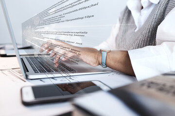 Hands, text and woman with laptop, typing and internet with copywriting, publishing or editing. Closeup, writer or journalist with computer, magazine or email notification with research or connection