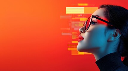 A profile of a woman with glasses against a vibrant orange background, accentuated by digital elements suggesting modern technology and style.