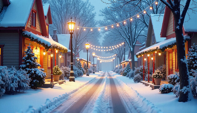 Cozy Winter Street with Festive Lights Glowing in Snowy Evening Atmosphere - Powered by Adobe