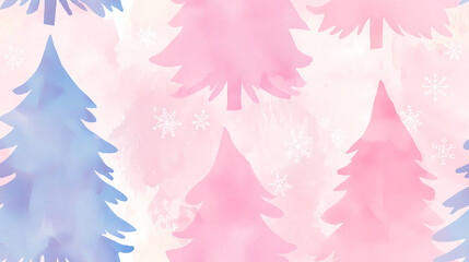 Obraz premium Watercolor background with pink and blue Christmas trees and snowflakes
