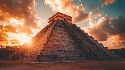 Obraz premium Dramatic view of El Castillo at sunset, with warm colors illuminating the pyramid and creating a magical atmosphere. No people included.