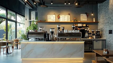 A sleek, modern coffee shop with a marble counter, stainless steel espresso machines, and a brick wall