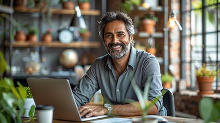 Obraz premium A smiling man works on a laptop in a plant-filled office space.