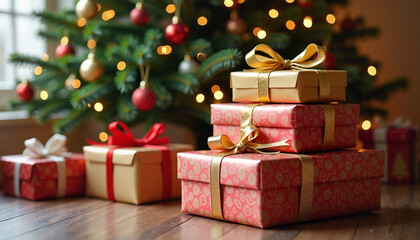 Festive Christmas Gifts Beautifully Wrapped Against Twinkling Tree Background