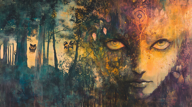 Shapeshifter s forest, changing forms, shapeshifter mystery painting, various focal points, twilight transformation, elusive nature. Shapeshifter. Illustration