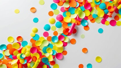 Irregularly shaped colorful dots form an abstract confetti pattern on a white background, creating a lively, festive look. Created with generative AI technology