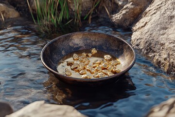 found it golden nuggets gold pan in the water