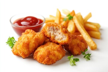 Fototapeta premium Fried crispy chicken nuggets with french fries and ketchup on white board