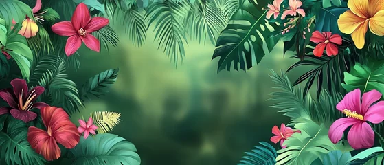 Selbstklebende Fototapeten Colorful tropical flowers with green leaves. © santima