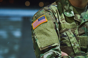 Soldier, camouflage and uniform for military, night and duty to protect, service and veteran in...