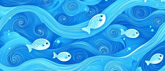 Obraz premium Stylized fish swimming in blue waves.