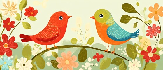 Obraz premium Two colorful birds perched in a floral setting