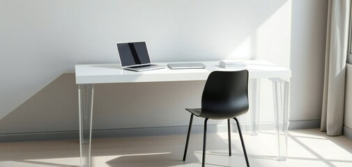 The image is a simple yet stylish office space with a white desk, a black laptop, and a black chair..jpg
