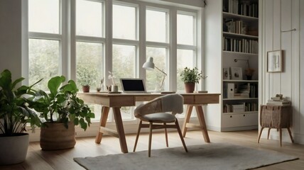 The image shows a cozy home office setup with a wooden desk, chair, laptop, and various plants..jpg