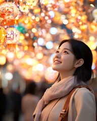 Obraz premium Korean Woman Walking in City with Lanterns Above