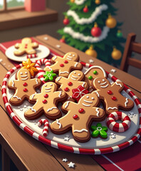 Festive Gingerbread Cookies Cheerfully Arranged on Holiday Plate with Christmas Tree Background