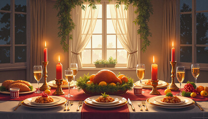 Festive Holiday Dinner Table with Roast Turkey and Candles Against Cozy Window View
