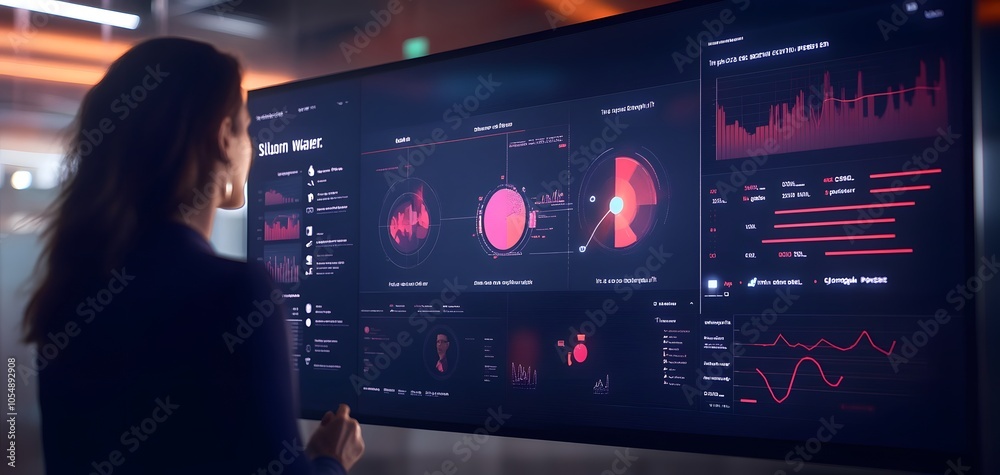 Poster a professional analyzing data on a modern touchscreen display with vibrant graphs and metrics in a s