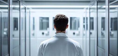 A scientist in a lab coat stands in a high-tech laboratory, contemplating research within a modern facility.