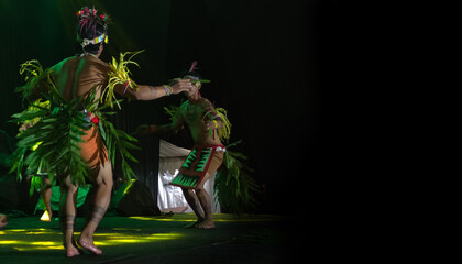 Mentawai tribal men's ritual dance. West Sumatra, Siberut Island, Indonesia