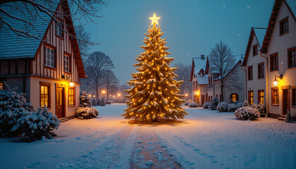 Illuminated Christmas Tree Radiating Warmth in Snowy Village at Night