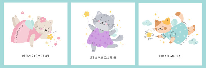 Children magic posters set with fairy tale cats