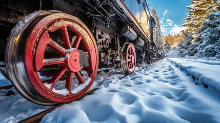 Close-Up of Train Wheels on Snowy Tracks