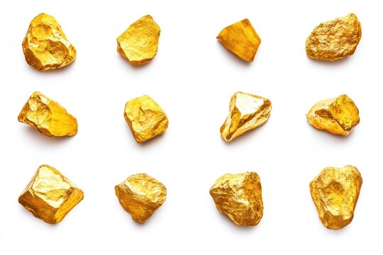 Shiny golden nuggets on white background  gold ore samples.