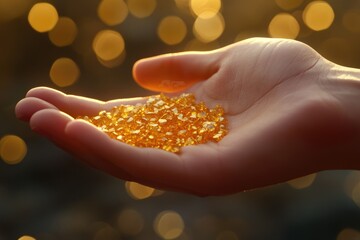 Hand holding gold nugget grains.  gold nugget