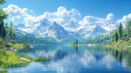 Serene mountain landscape with a tranquil lake and lush greenery.