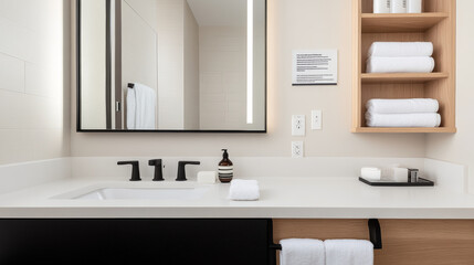 Fototapeta premium Modern bathroom with sleek design featuring white countertop, black faucets, and neatly arranged towels. minimalist aesthetic creates clean and inviting atmosphere