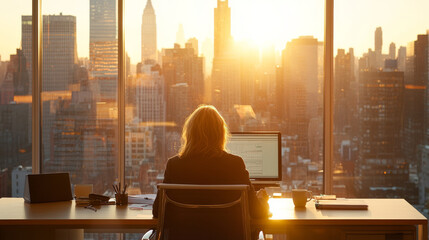 A woman sits at desk in an office, gazing out at stunning sunset over city skyline. warm light creates serene atmosphere, highlighting beauty of urban life