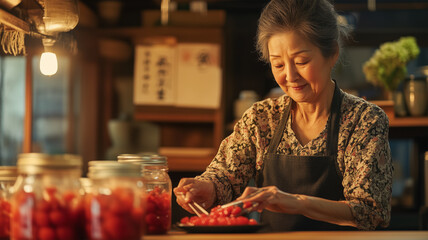 Fototapeta premium 梅干し作りをする日本人女性