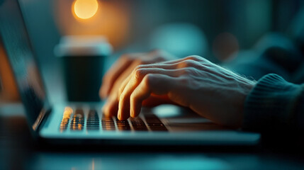 image captures close up of hands typing on laptop keyboard in dimly lit environment, evoking sense of focus and productivity. warm glow in background adds cozy atmosphere