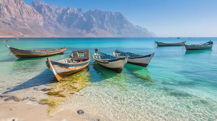 Fototapeta premium Scenic view of the traditional fishing boats anchored off the coast of Socotra Island, capturing the island's maritime culture. No people included.