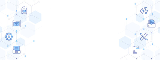 Office Banner Vector Illustration with Two-sided Icon Style. Line Duotone icon. Containing glue, post office, folder, files, pencil, gear, study